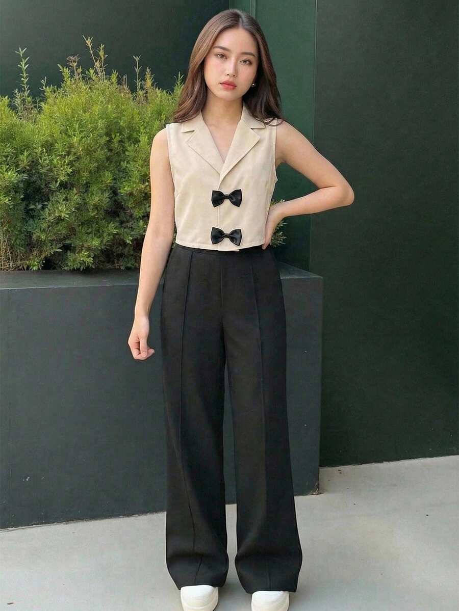 SHEIN 少女无袖立领蝴蝶结装饰露脐上衣和裤子两件套,夏季 - 彩色 - 查看 1