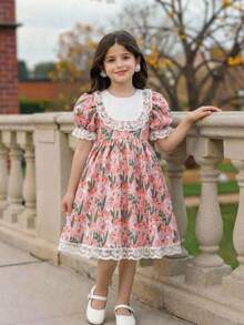 SHEIN LMoss Kids 小女孩碎花彼得潘领修身连衣裙假日装扮 - 粉色 - 查看 6