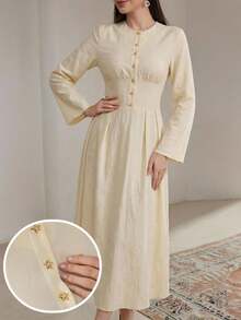 Veilorie Đầm dài tay cổ tròn cài cúc màu trơn thanh lịch dành cho nữ - Màu be - Xem 6