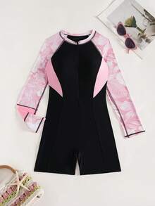 Swim SPRTY Traje de baño ajustado con cuello alto y bloques de color para mujer, adecuado para vacaciones y protección solar diaria - Rosa - Ver 3