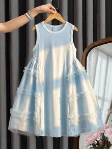 SHEIN Young Girl Heart Print Contrast Mesh Frill Trim Sleeveless Cute Dress - Baby Blue - View 3