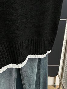 Franclia 燕麦色针织背心，黑色滚边，Polo领半扣设计，撞色滚边装饰，修身剪裁，柔软针织面料，细密罗纹质感，低饱和度的燕麦色尽显优雅复古风情，百搭易穿，适合叠穿、休闲、工作、上学、春季等各种场合。 - 黑色 - 查看 7