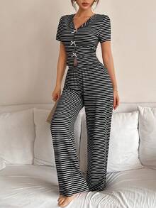 SHEIN Napfluff Women Casual Striped Collar Fitted Loungewear Set - Multicolor - View 6