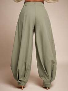 Vixey Cuffed Hem Pleated High Waist Baggy Harem Office Pants - Army Green - View 5