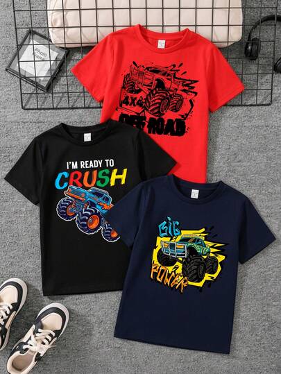 Paquete de 3 Camisetas para niños de 4 a 12 años de 100% algodón con manga corta y cuello redondo, prenda de excelente calidad, cómoda y suave al tacto, con diseño estampado de monster truck, "I´m ready to crush", power, deportes, 4x4