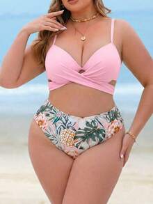 Swim Vcay Plus Size 3pcs Padded Ruched Printed Swimwear Set, Beach Holiday Style - Multicolor - View 5