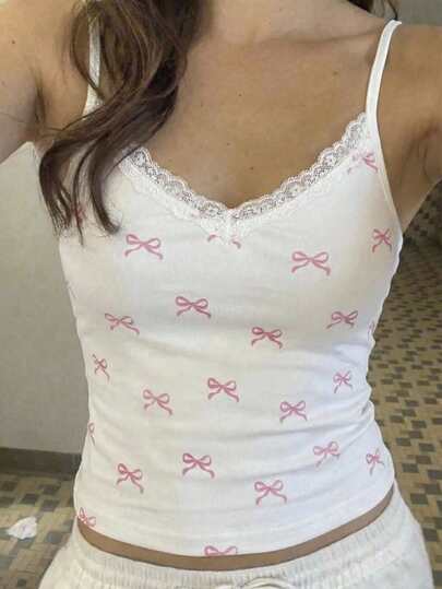 SHEIN Tween Girl White Base Pink Bow Print Lace Trim Casual Cute Camisole Tops Cute Cami Top For Tweens Tops Summer Summer Tops For Teen Girls Aesthetic
