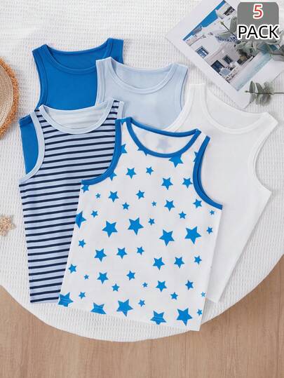 Summer Clothes  5pcs Pack Boys' Comfortable Casual Sleeveless Striped & Star Print Basic Vest Undershirts, Lightweight, Soft, Versatile, Suitable For All Seasons Boys Summer Tank Tops