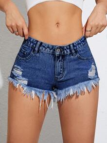 Jeanoix Women's Casual Everyday Denim Shorts With Pockets, Button Closure And Distressed Hem - Dark Wash - View 5