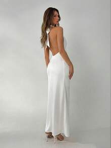 Aloruh Women's Green Draped Neck Tie-Waist Ruched Backless Dress, Spring/Summer - White - View 2