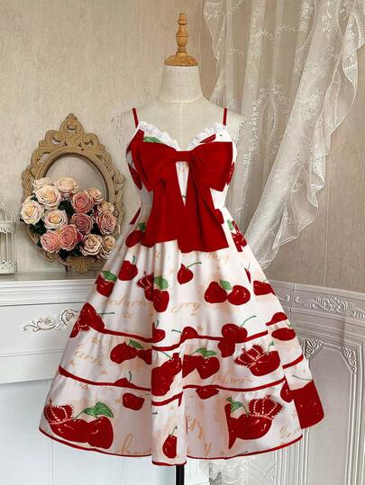 Sweetra Plus Size Cherry Print Bow Tie Waist Vacation Party Dress, Spring/Summer