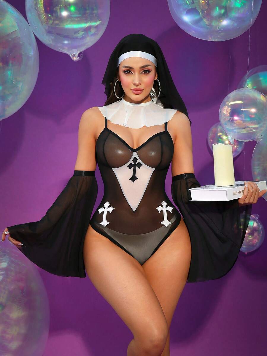 4pcs Black & White Role Play Deep V Mesh Patchwork Sheer Lingerie Set - White - View 1