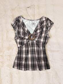 INAWLY 女士格子金属装饰褶皱休闲百搭日常上衣 - 棕色 - 查看 3