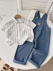 THE HAPPY LOOK 2pcs Young Boy Solid Color Versatile Comfortable Polo Collar Short Sleeve Cardigan Shirt And Bib Overall Pants Set - Blue - View 6