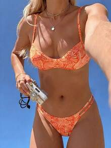 Swim Vcay Spring/Summer New Arrival Sweet Orange Base Seashell Print Tie-Side Two Pieces Three-Point High-Cut Triangle Bikini Set, Sexy Push-Up Swimwear For Women, Beach Holiday Vacation - Burnt Orange - View 1