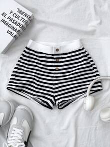 SHEIN 少女休闲条纹针织修身短裤 - 黑與白 - 查看 1