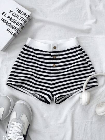 SHEIN 少女休闲条纹针织修身短裤