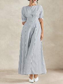 Briarwyn 女士优雅单排扣条纹连衣裙，女士夏季连衣裙，夏季服装，夏季度假服装，女士春季服装，女士度假服装，女士海滩度假服装，外出服装，优雅女士礼服，度假连衣裙，沙滩连衣裙，奢华优雅连衣裙 - 黑與白 - 查看 5