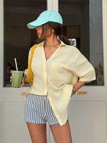 Muchica 奶油黄梭织女式休闲宽松短袖单排扣衬衫，沙滩、度假、春夏上衣 - 黃色 - 查看 1