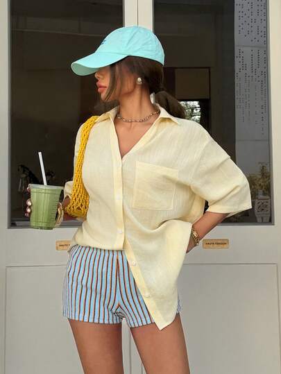 Muchica Butter Yellow Woven Women's Casual Loose Short Sleeve Single-Breasted Shirt,Beach Outfits,Vacation Outfits For Women,Spring Clothes Women