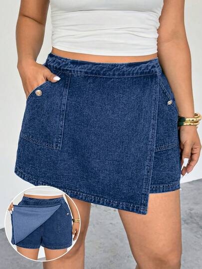Firerie Plus Size Summer Casual Fashion Slant Pocket Button Decor Denim Skirt Pants,Women's Casual And Versatile Denim Culottes With Metal Button Pockets, Dark Blue Short Style