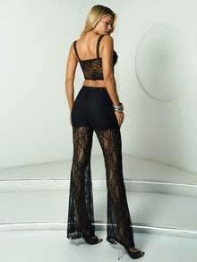 Sandy Gomes Women's Black Lace Sexy Sheer Cutout Tie Strap Cami Top Crop Top For Date Night, Night Out, Birthday Party, Cocktail Party, Nightclub, Party, Holiday Party, Casual Everyday Wear, Cute Corset, Sexy Club Top,Going Out Top, Summer,Corset Top,Valentine's Day,Valentine Outfits For Women - Black - View 2