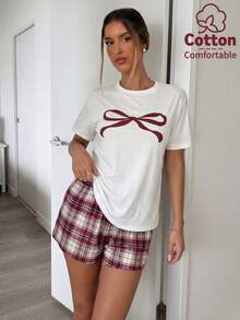 Aloruh 女士蝴蝶结印花圆领短袖T恤和格子短裤休闲两件套 - 白色 - 查看 6