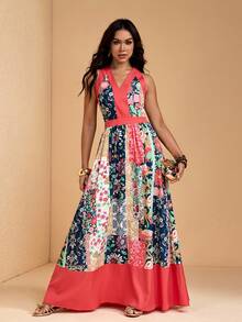 JIAN LASALA 多色印花撞色V领无袖女士夏季休闲长裙度假装 - 彩色 - 查看 1