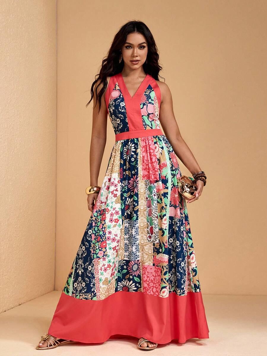 JIAN LASALA 多色印花撞色V领无袖女士夏季休闲长裙度假装 - 彩色 - 查看 1