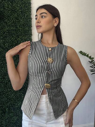 Andrea Bello 女式夏季休闲通勤条纹前扣背心