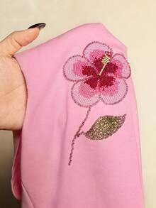 ROMWE Island Girl Sequin Embroidered Fitted Women T-Shirt - Pink - View 7