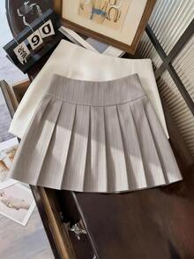 Franclia 女士夏季高腰百褶迷你裙，松紧腰带设计，条纹梭织面料，百搭款式，休闲时尚，适合日常穿着 - 卡其色 - 查看 2