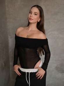 Duda Rubert Women's Fitted Off-Shoulder Solid Color Sexy Sheer Mesh Patchwork Ruched Bodysuit - Black - View 3