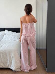 Dream Adore Women's Pajama Set, Spring Pink Striped Heart Print V-Neck Drawstring Ruched Ruffle Trim Camisole And Lounge Pants - Pink - View 2