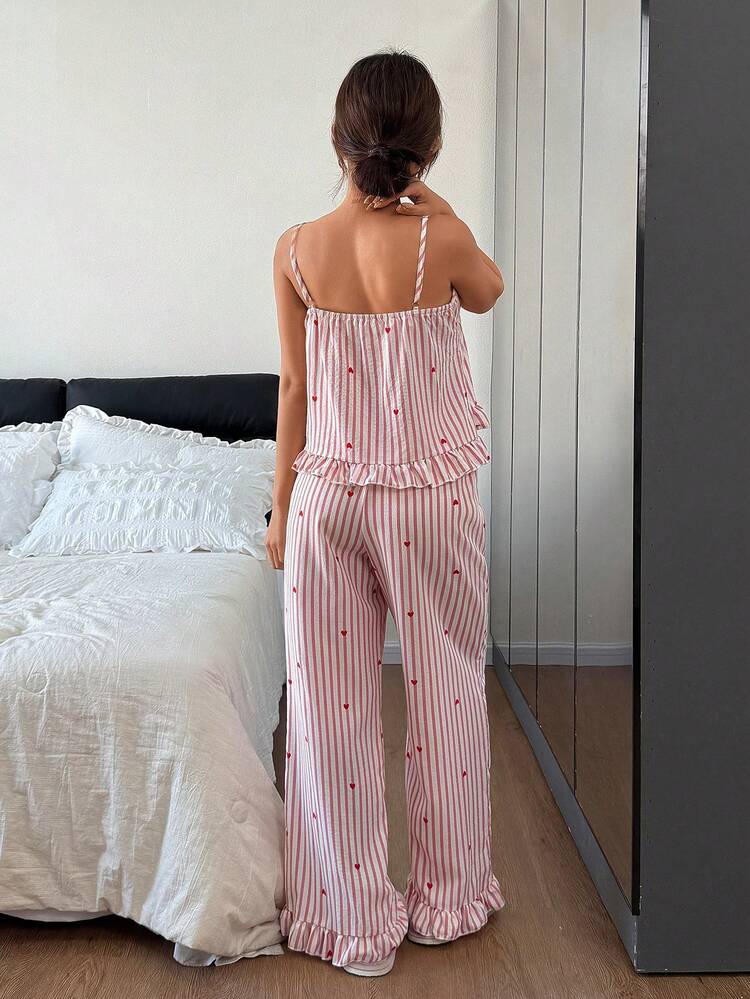 Napfluff Ensemble de pyjama pour femmes, haut à col V imprimé de cœurs roses rayés avec volants froncés et pantalon de jogging, ensemble de pyjama d'été en deux pièces, tenue d'été sexy pour femmes - Rose bonbon - Voir 3