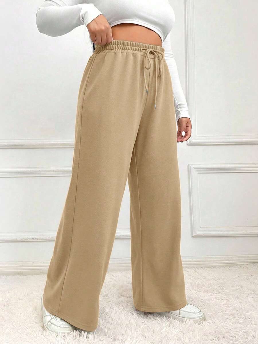 SHEIN EZwear 大码女式纯色抽绳腰休闲百搭日常阔腿运动裤 - 杏色 - 查看 1