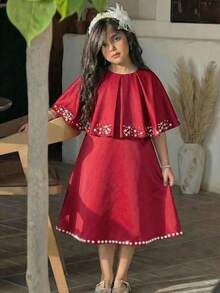 SHEIN Váy chữ A ngắn cổ đứng thanh lịch bằng satin cho bé gái, áo choàng đính hạt cườm. - Đỏ - Xem 11