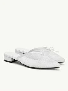 CUCCOO CHICEST New Mesh Bow Chunky Heel Women Pumps - White - View 1