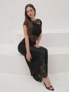 Duda Rubert Women's Contrast Lace Bodysuit With Capped Sleeves, Slim Fit & Sexy - Black - View 5
