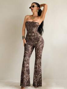 Sirith Women's Casual Leopard & Zebra Print Tube Top Jumpsuit Flare Pants For Daily Wear & Dates - Multicolor - View 5