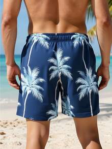 Manfinity Swimmode Quần short đi biển nam in hình cây cọ, có dây rút ở eo và túi. - Màu xanh hải quân - Xem 2