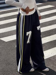 Muchica Women's Elastic Waist Numeric Print Casual Versatile Daily Wear Sweatpants - Navy Blue - View 4