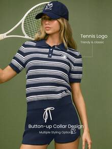 GLOWMODE Áo polo tay ngắn dệt kim họa tiết, dáng cổ điển, dài đến eo, ôm vừa vặn, thêu logo phía trước, kẻ sọc, thích hợp mặc hàng ngày, chơi tennis, golf, pickleball. - Nhiều màu - Xem 4
