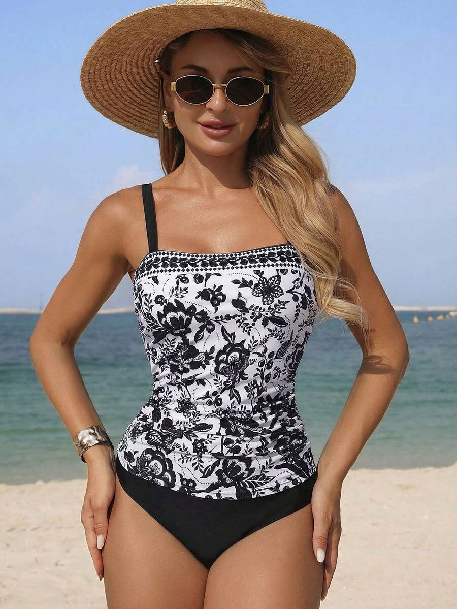 SHEIN Swim 女款優雅歐式牙買加熱帶風細肩帶印花比基尼上衣,波希米亞風,適合夏季海灘度假,白色花卉黑色 - 黑色 - 查看 1
