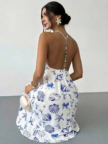 Firerie Women's New V-Neck Backless Beaded Strap Maxi Dress With Blue & White Shell Pattern, Casual Vacation Long Dress, Backless Beaded Design, Loose A-Line Maxi Dress, Spring/Summer Clothing, Casual, Boho, Vacation, Bohemian, Beach, Hawaii - Blue and White - View 5