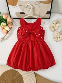 SHEIN Ensemble top et jupe pour jeunes filles élégant avec col carré, décoration de perles et nœud amovible dans le dos - Rouge - Voir 3