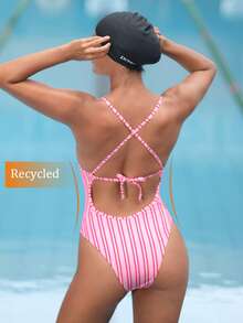 Swim Nautrix New Summer Women's Spaghetti Strap Crisscross Back Printed Ruffle Waist One-Piece Swimsuit, Casual Vacation Outfit - Pink - View 2