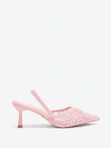 Women's 2-Way Wear Mesh Floral Closed Toe Sandals, 7cm Stiletto High Heel Pointed Toe Roman Casual Slip-On Shoes, Elegant Ankle Strap Pumps - Pink - View 7