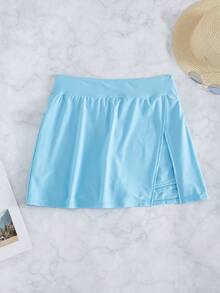 Swim Lushoire Conjunto de praia feminino de cor sólida com fenda lateral, elegante modelo shorts-saia. - Baby Azul - Ver 8