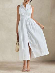 Dayvera Women's Casual Solid Color Single-Breasted Sleeveless Dress,Summer Dresses For Women,Summer Outfits ,Summer Holiday Outfits ,Valentine's Day ,Beach Outfit,Going Out Outfits ,Valentine's Day Dress,Party Dresses For Women,Elegant Party Dresses ,Beach Dress,Wedding Guest Dress For ,Elegant Dress For Women Women,Casual Dresses For Women,Casual Long Dresses ,White Dress - White - View 3